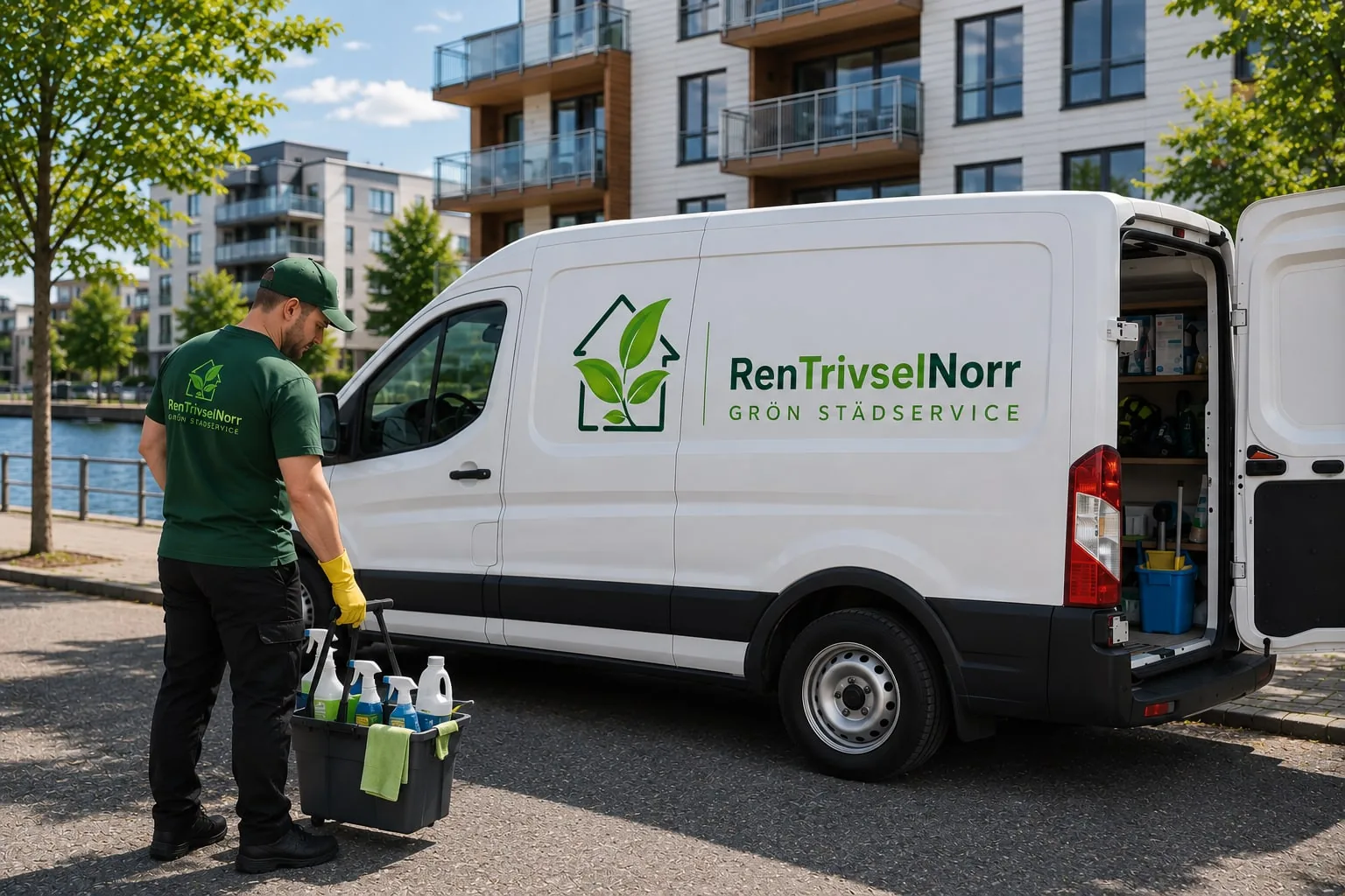 RenTrivsel Norr-personal i grön uniform med städutrustning framför företagsbilen i Umeå – lokalt städteam i Västerbotten