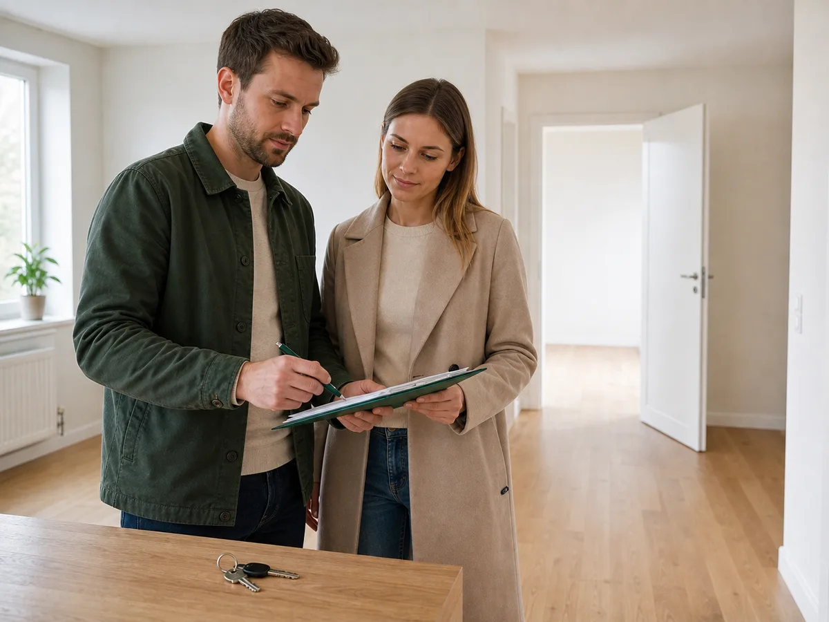 Säljare och köpare av bostadsrätt går igenom bostaden tillsammans inför överlåtelse.