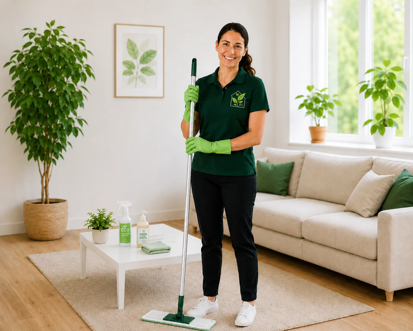 Professionell städare från RenTrivsel Norr i grön uniform städar ett ljust hem i Umeå med Svanen-märkta produkter
