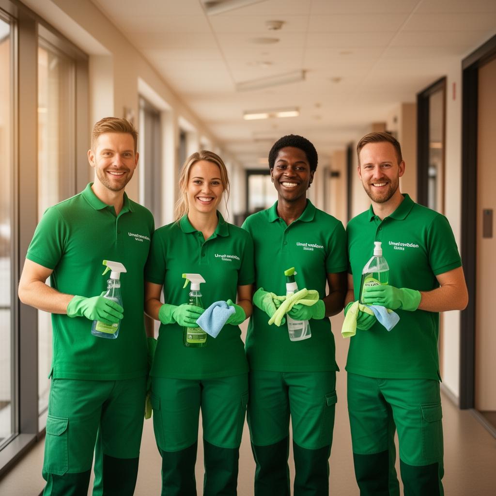 RenTrivsel Norrs städteam i gröna uniformer med Svanenmärkta produkter – lokal städfirma i Umeå